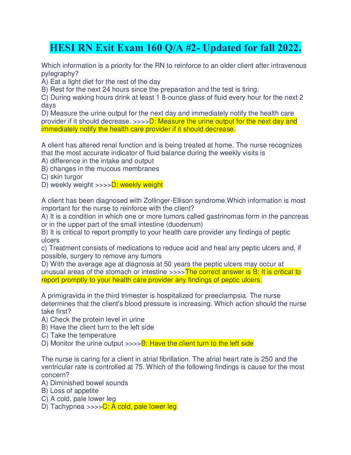 HESI RN Exit Exam 160 Q/A 2 Updated for fall 2022 Browsegrades